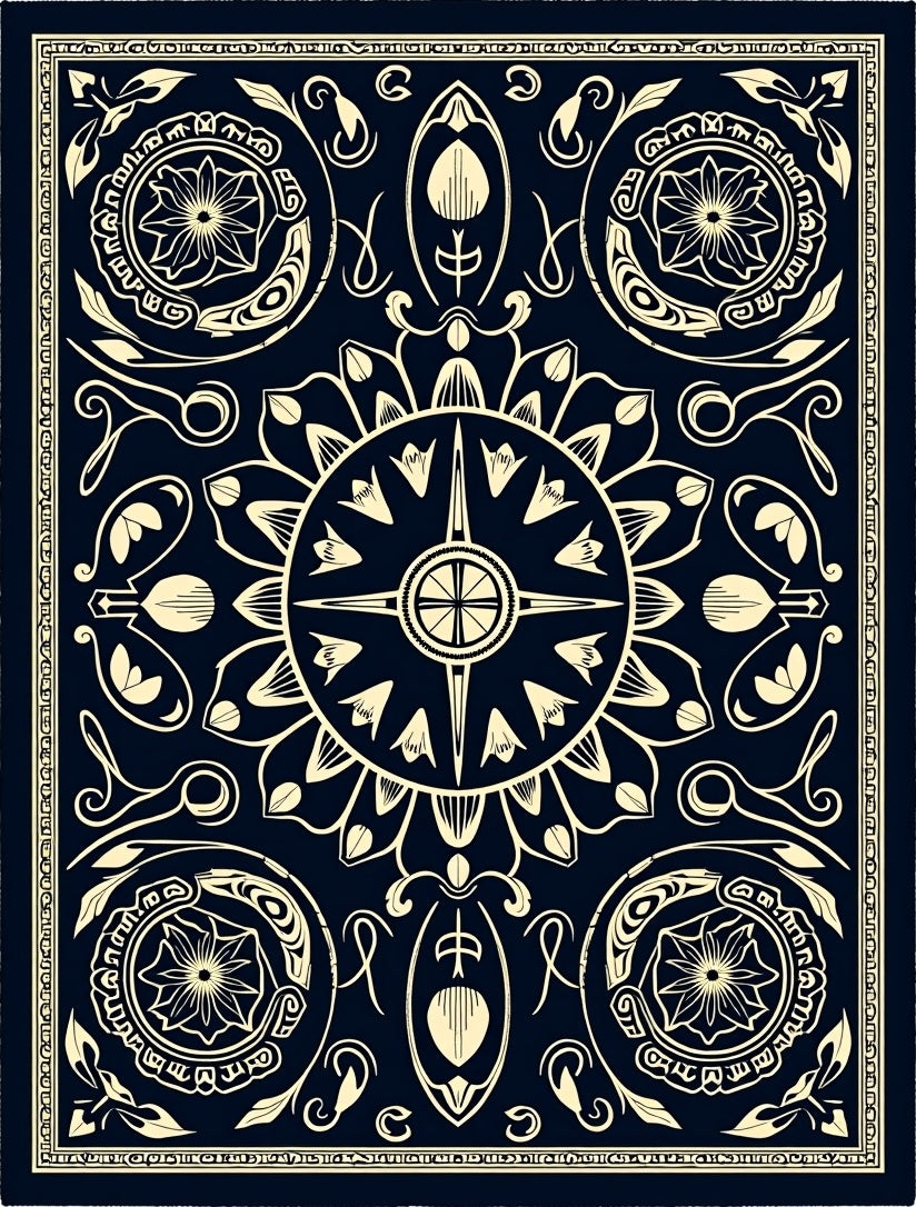 Navy Cream Floral Sunburst Medallion Rug