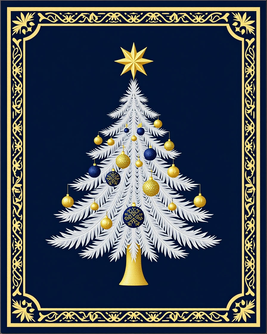 Festive White Christmas Tree Gold Ornaments Rug