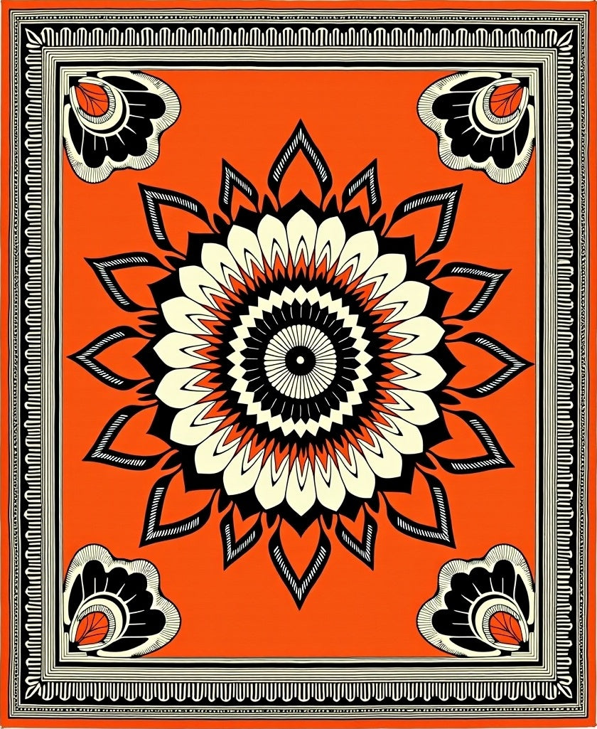 Orange Mandala Floral Black Cream Rug
