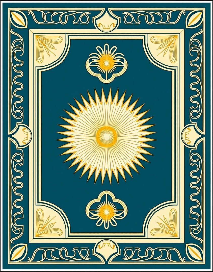 Teal Golden Sunburst Art Deco Rug