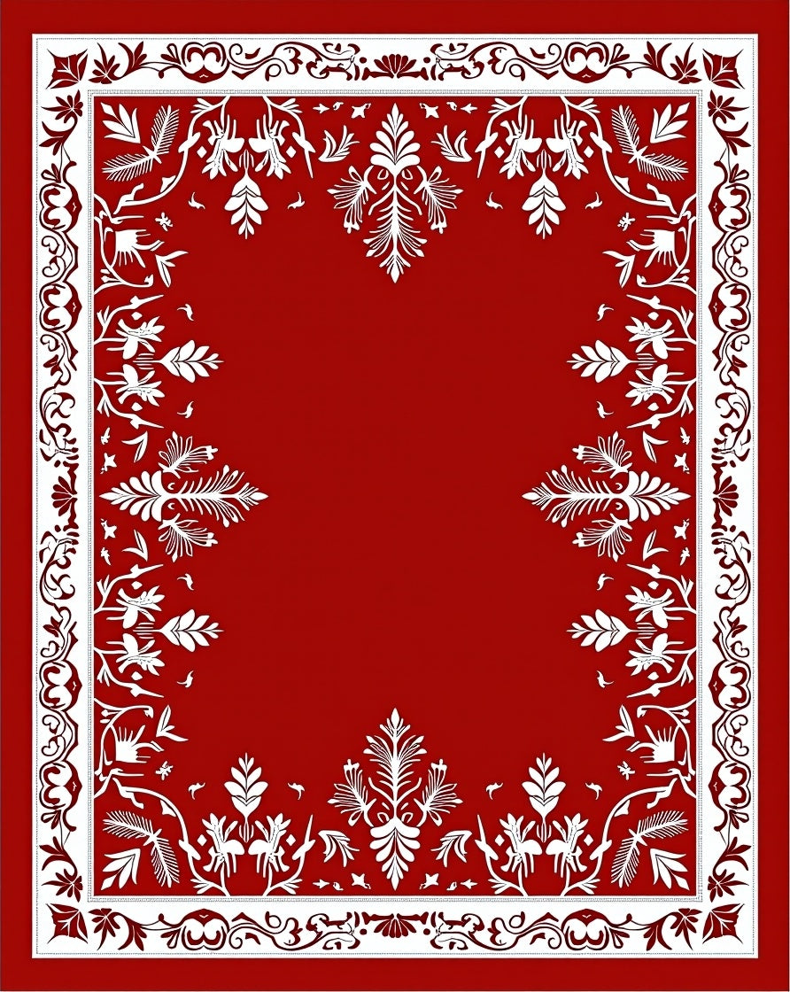 Classic White Floral Border Red Rug