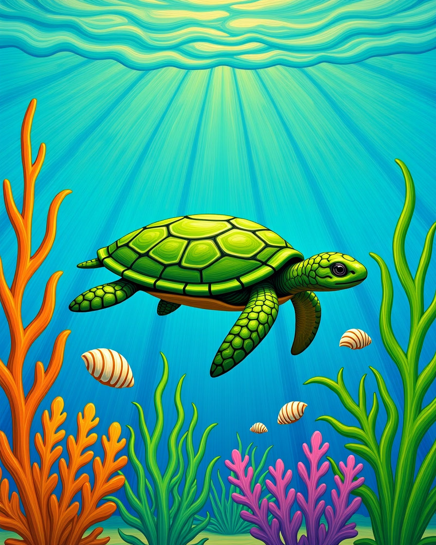 Vibrant Green Turtle Coral Reef Rug