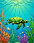 Vibrant Green Turtle Coral Reef Rug