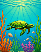 Vibrant Green Turtle Coral Reef Rug