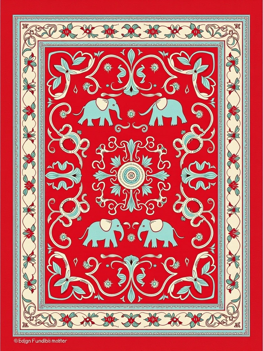 Vibrant Red Elephant Garden Medallion Rug