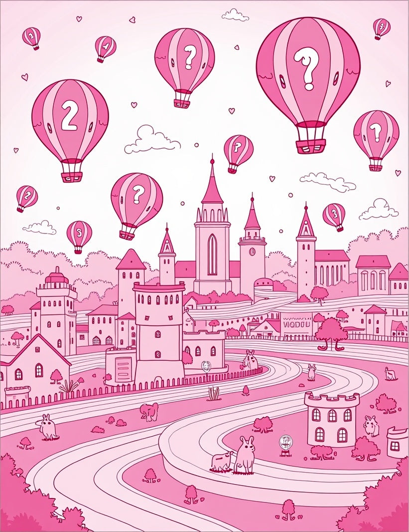 Whimsical Pink Hot Air Balloon Castle Landscape Rug