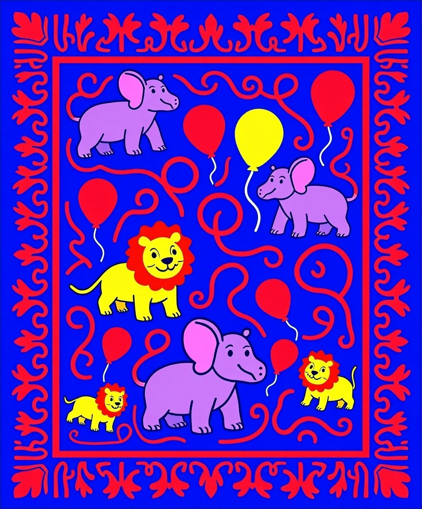 Fun Purple Elephants Yellow Lions Balloons Rug