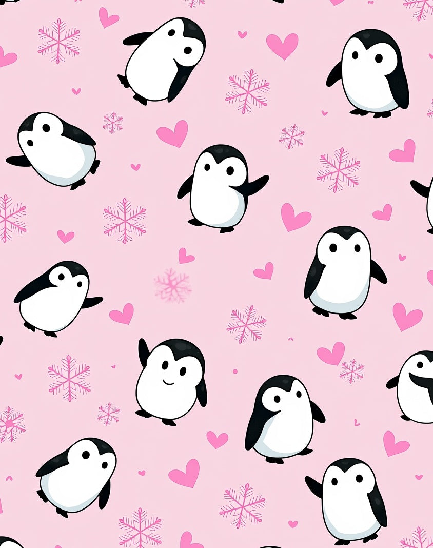 Pink Penguin Hearts Snowflakes Collection Rug
