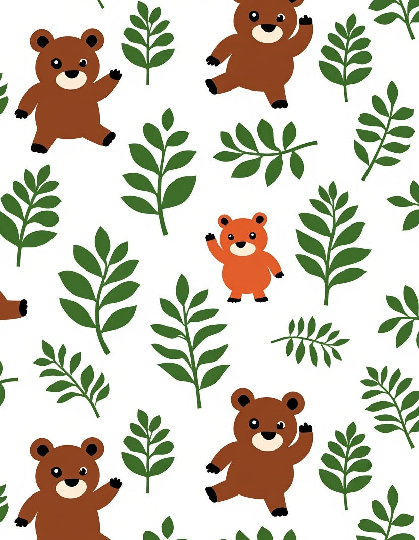 Playful Brown Bears Green Leaf Woodland Rug