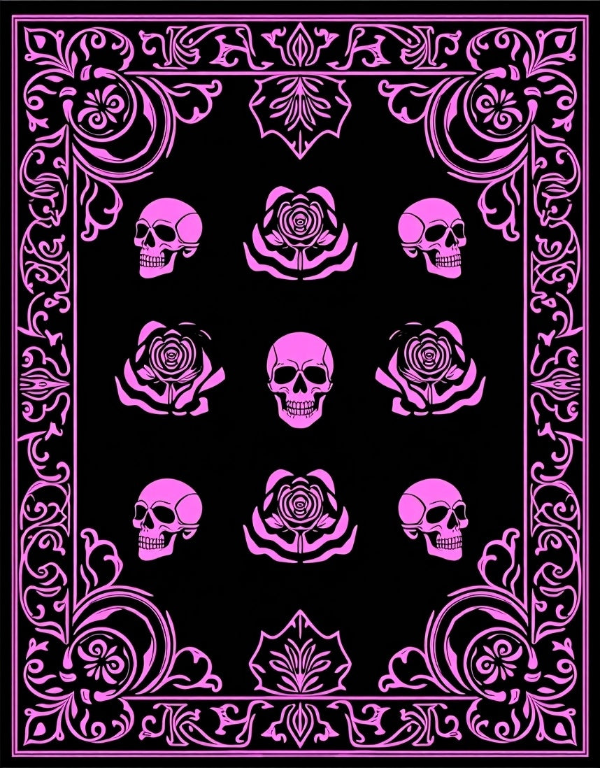 Pink Skull Rose Scrollwork Rug