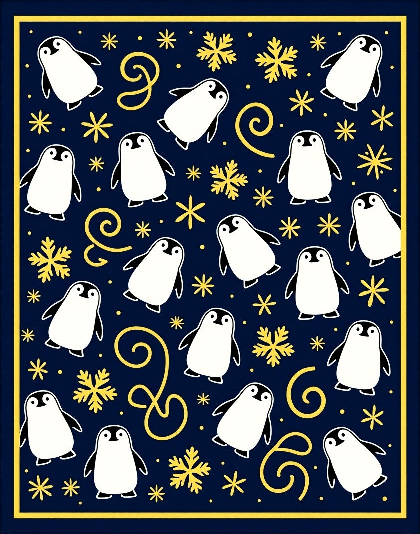 Navy Blue Penguin Snowflakes Whimsical Rug