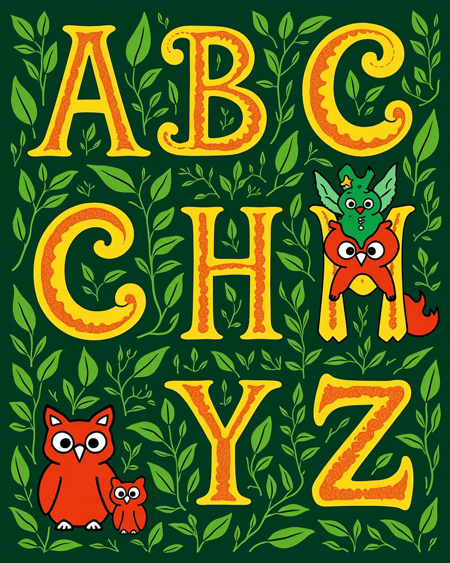 Charming Yellow Alphabet Nature Whimsical Owls Rug