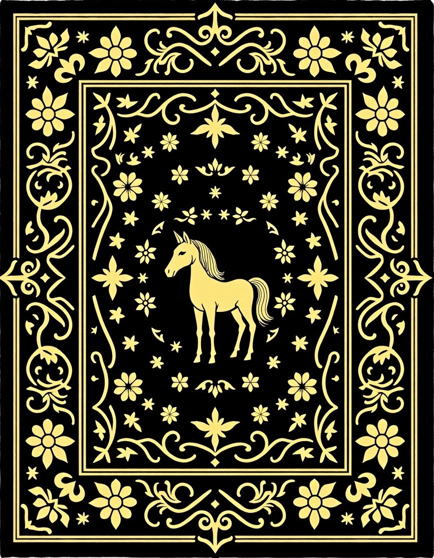 Golden Unicorn Floral Scroll Black Rug