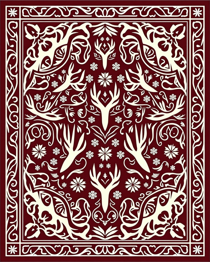 Burgundy Deer Antler Floral Medallion Rug