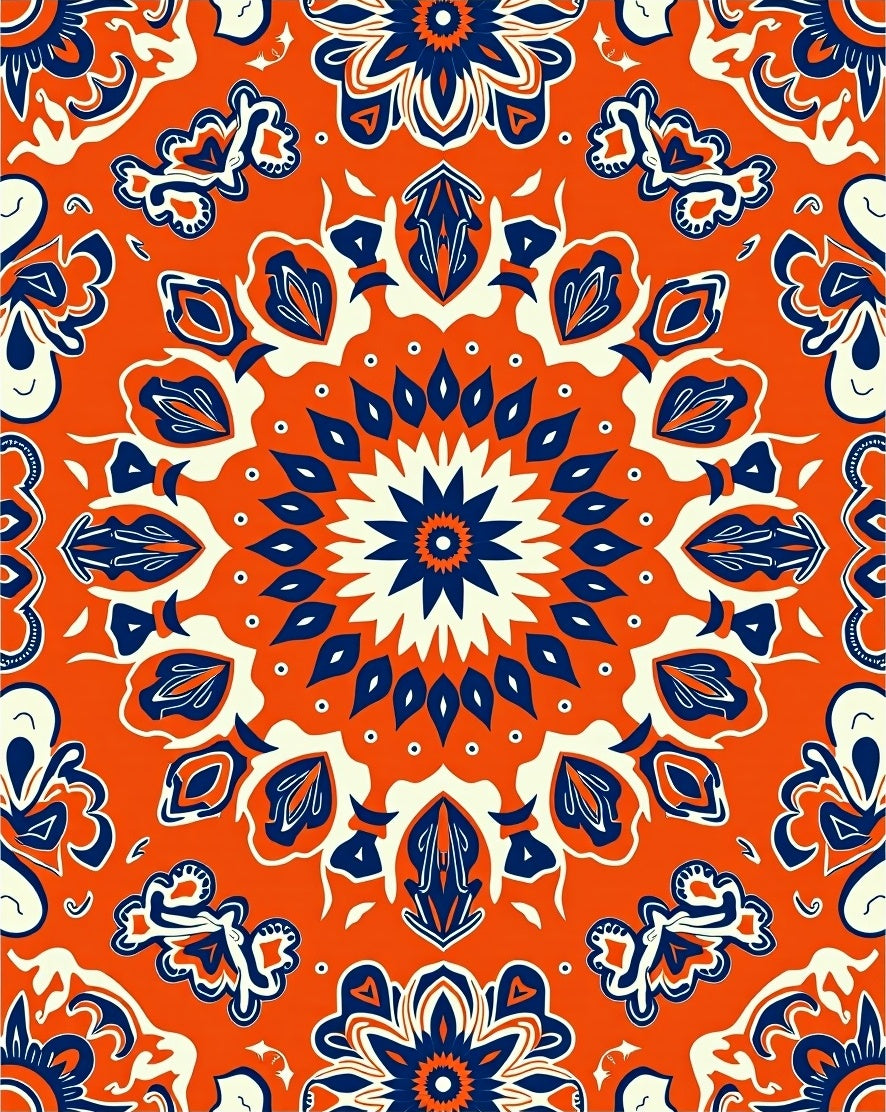 Vibrant Orange Navy Floral Medallion Rug
