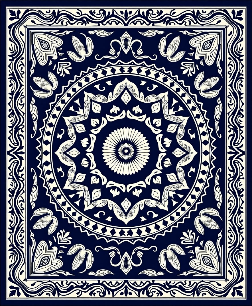Deep Blue Ivory Circular Border Rug