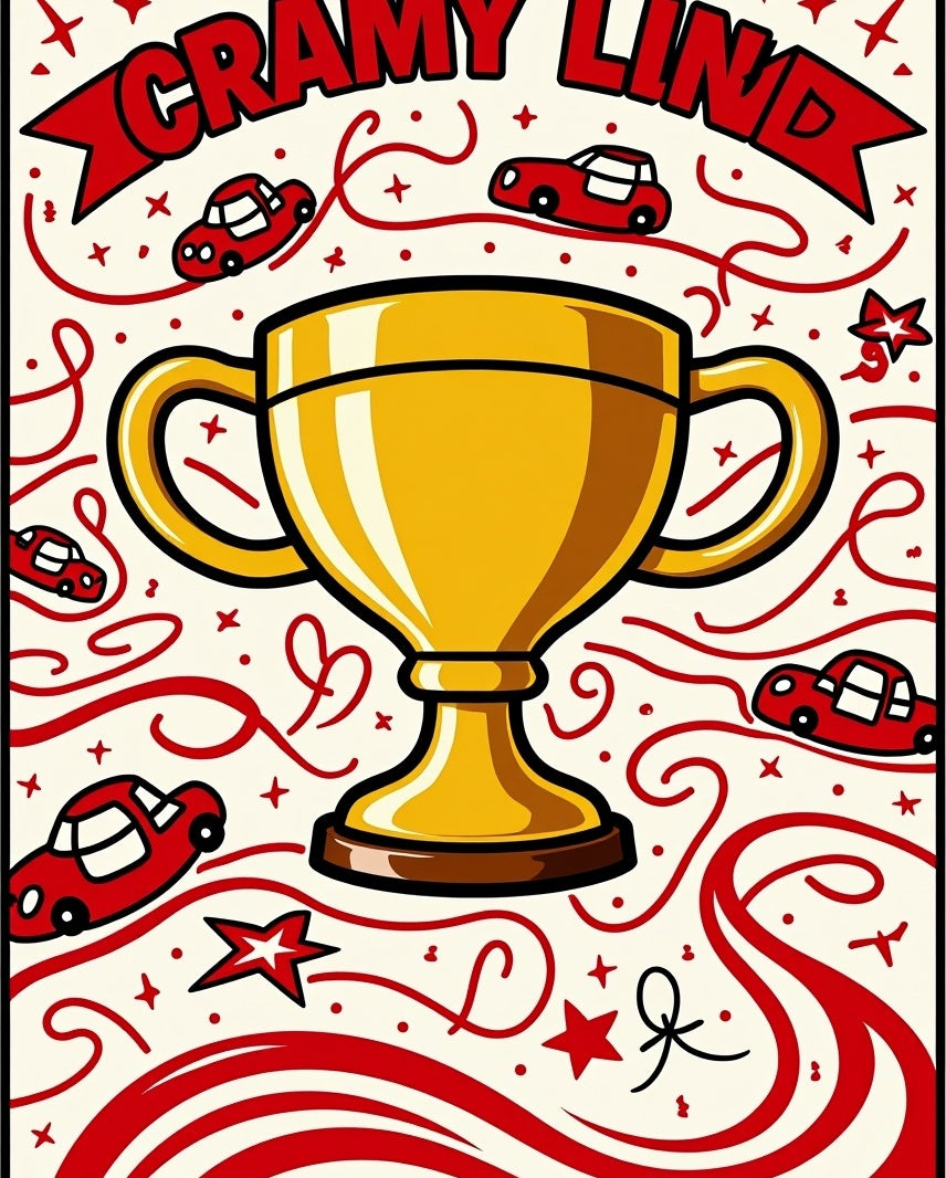 Golden Trophy Red Car Celebration Rug