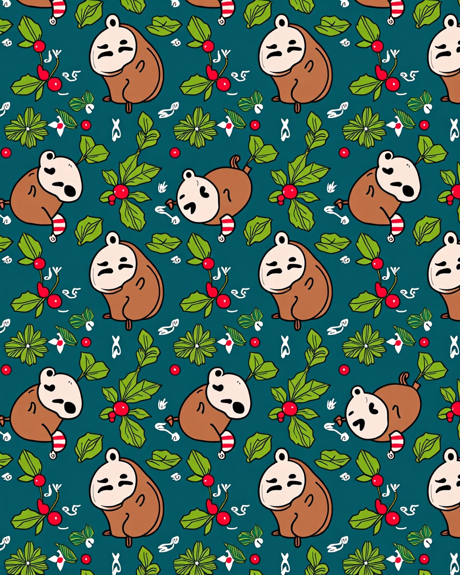 Cute Brown Character Christmas Holly Rug