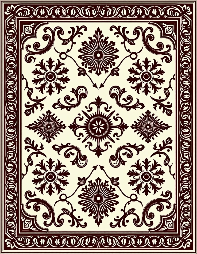 Ornate Dark Brown Floral Scroll Rug