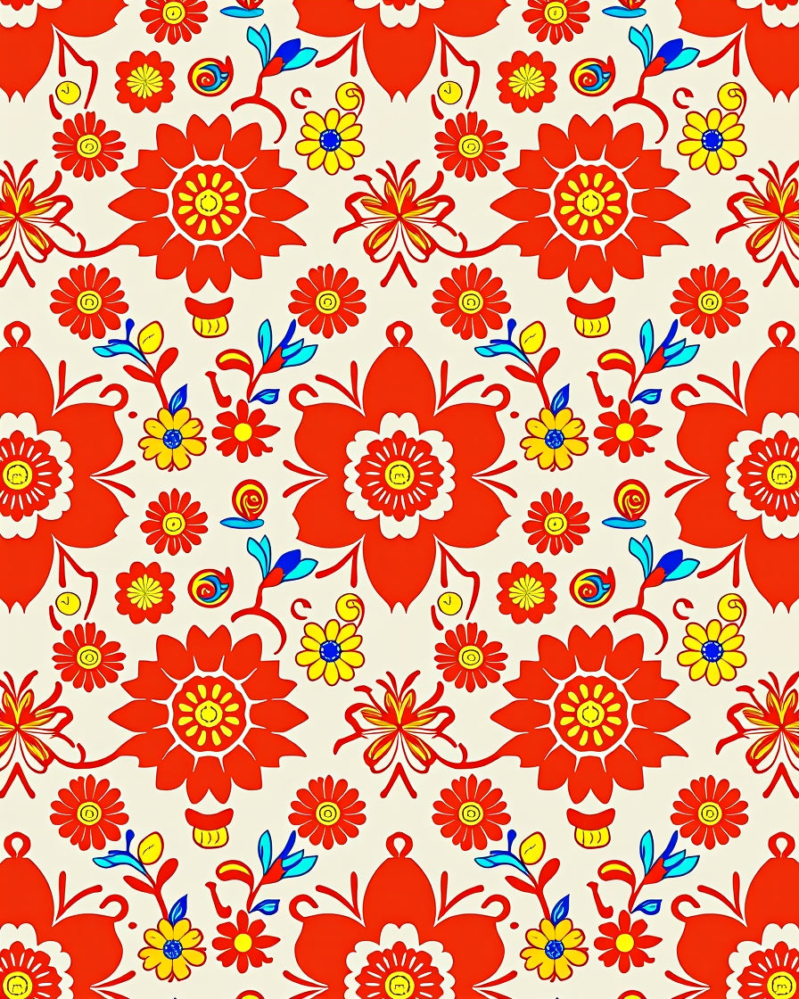 Vibrant Red Yellow Folk Floral Rug
