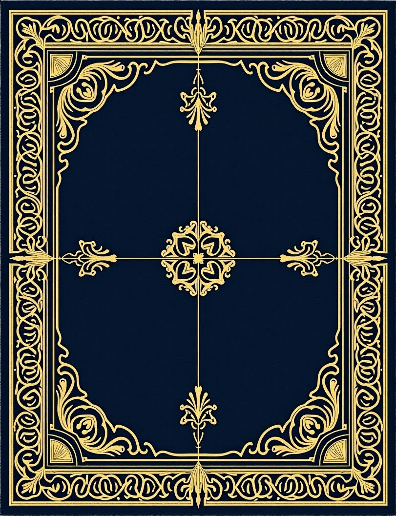 Ornate Navy Gold Scrollwork Frame Rug