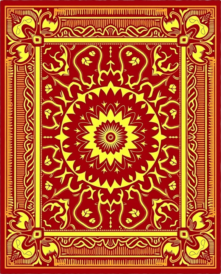 Crimson Yellow Ornate Medallion Border Rug