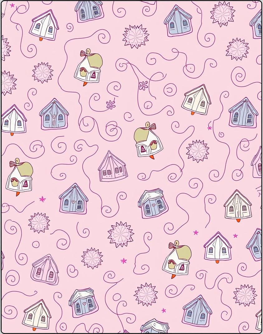 Whimsical Pink Houses Swirls Starbursts Rug
