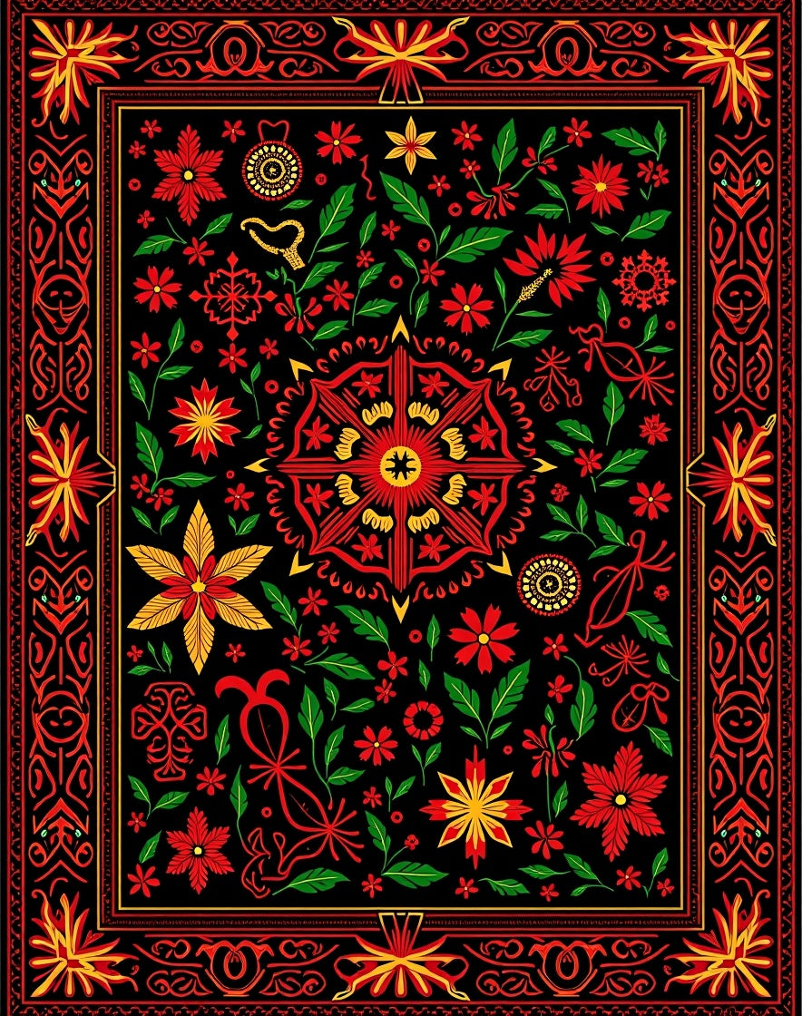 Bold Red Floral Folk Art Rug