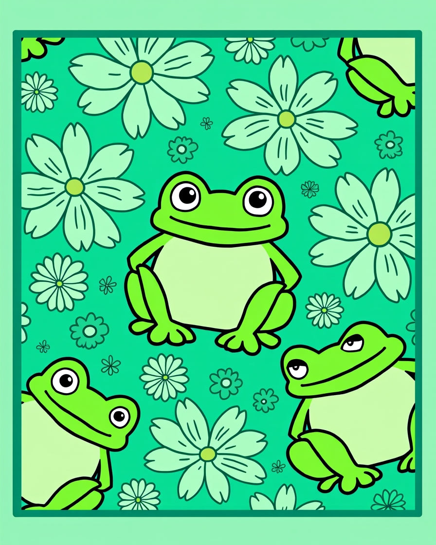 Whimsical Green Frogs Flower Meadow Rug