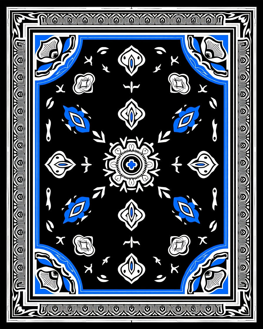 Black Blue White Medallion Bordered Rug