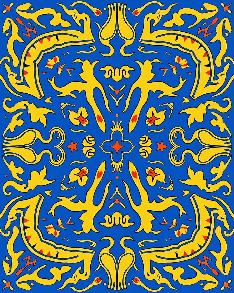 Bright Blue Yellow Crimson Abstract Medallion Rug