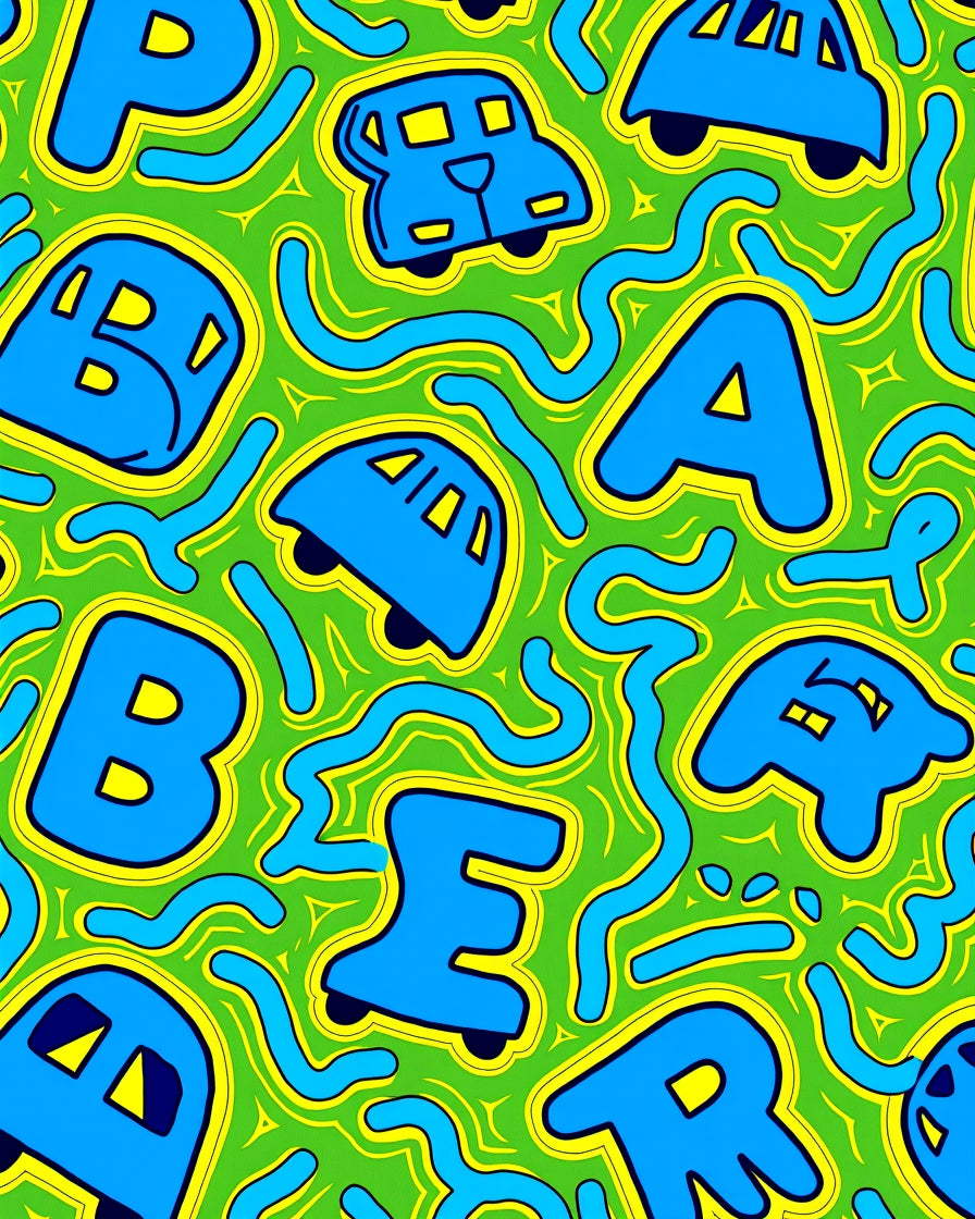 Bright Blue Alphabet Cars On Green Rug