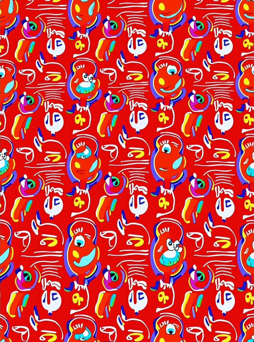 Whimsical Red Abstract Character Collage Rug