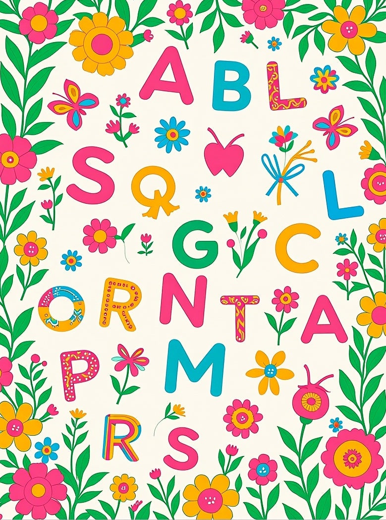 Retro Alphabet Garden Floral Arrangement Rug
