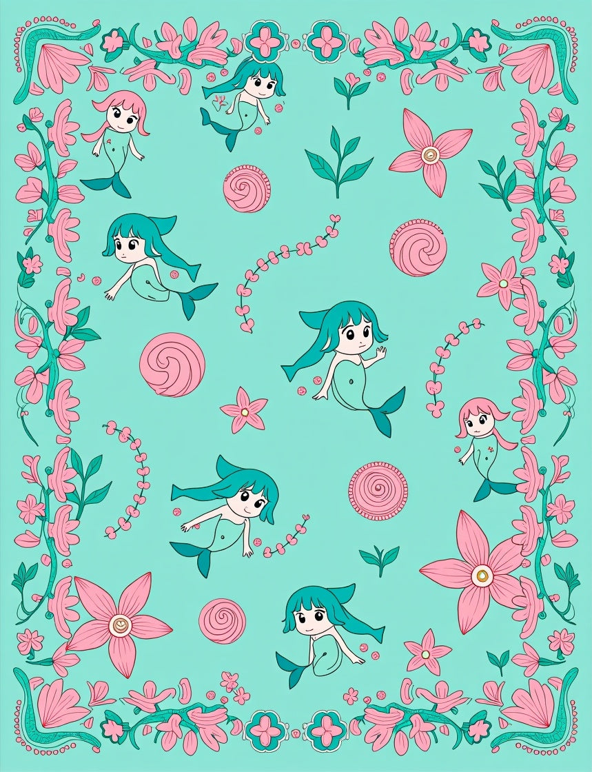 Sweet Aqua Mermaid Floral Whimsy Rug