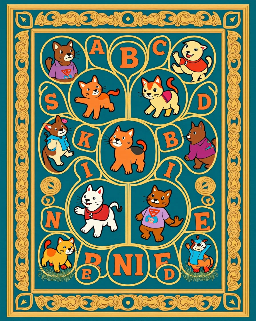 Whimsical Cartoon Cats ABC Border Rug
