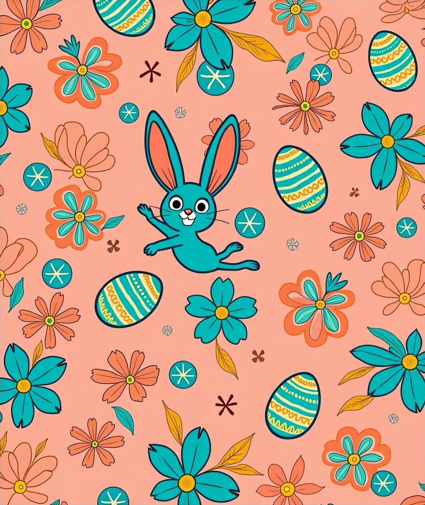 Playful Turquoise Bunny Floral Egg Medley Rug