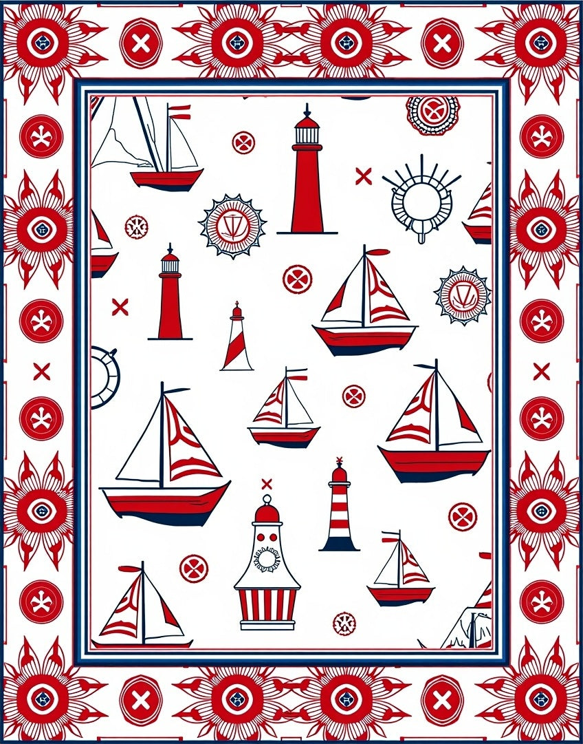 Nautical Red White Sailboats Lighthouses Border Rug