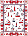 Nautical Red White Sailboats Lighthouses Border Rug