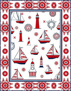 Nautical Red White Sailboats Lighthouses Border Rug