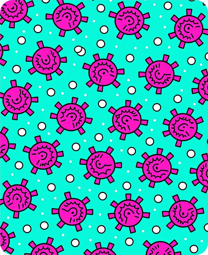 Bright Pink Sunburst Teal Dots Rug