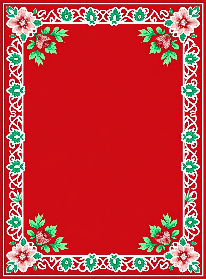 Crimson Floral Border With Green Leaves Rug