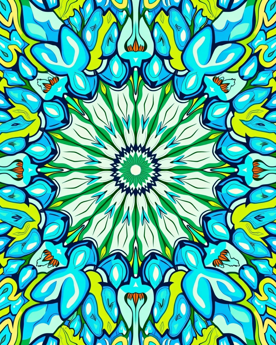 Vibrant Blue Green Floral Medallion Rug