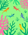 Playful colorful lizards green coral. Rug