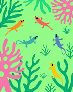 Playful colorful lizards green coral. Rug