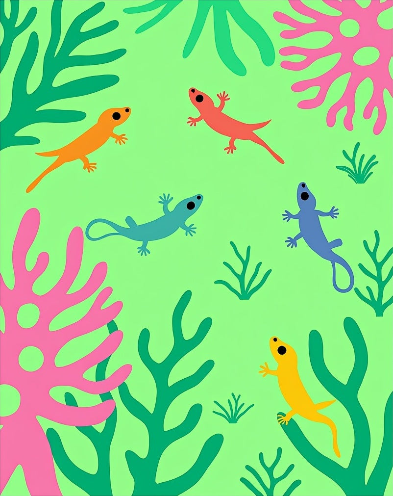Playful colorful lizards green coral. Rug