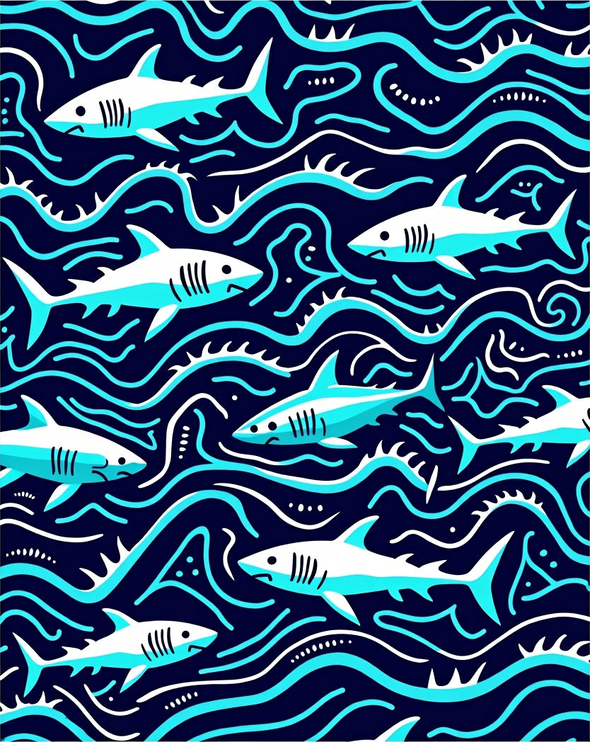 Deep Blue Marine Shark Swirls Rug