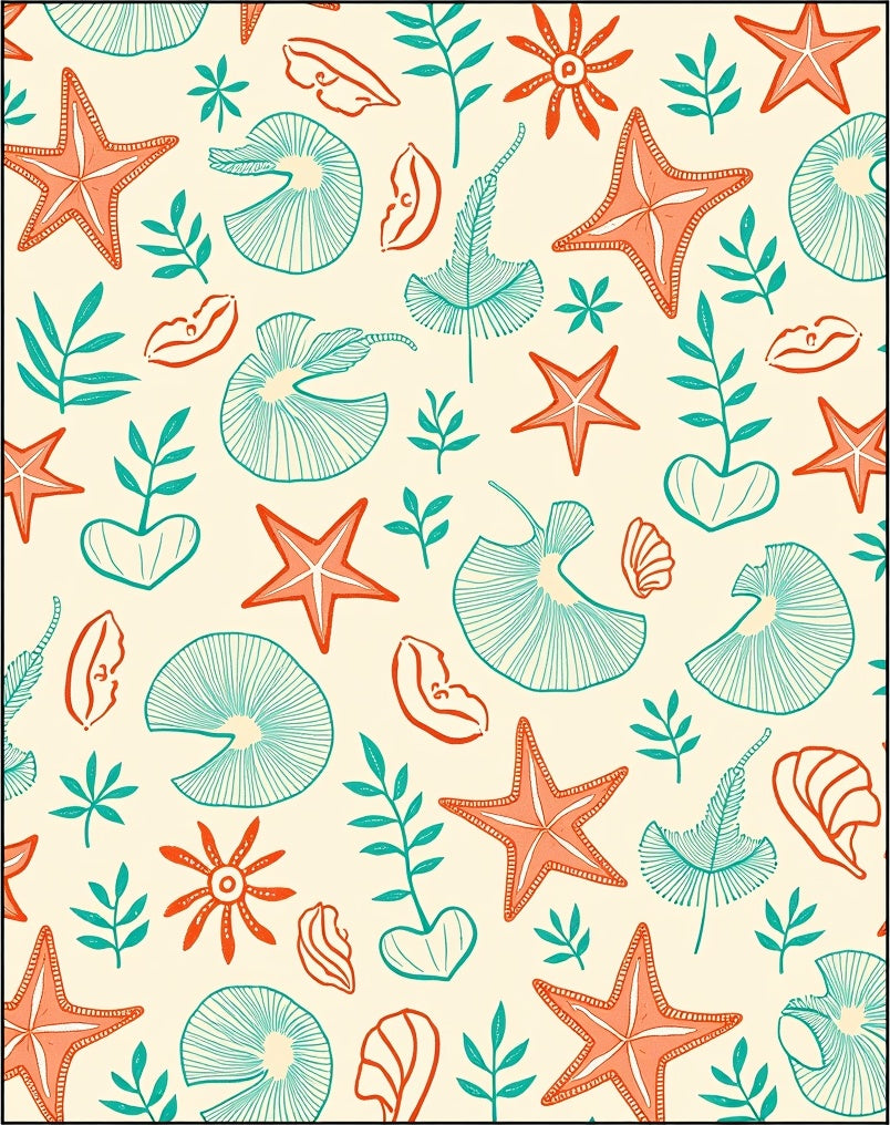 Coral Starfish Teal Leaf Medley Rug