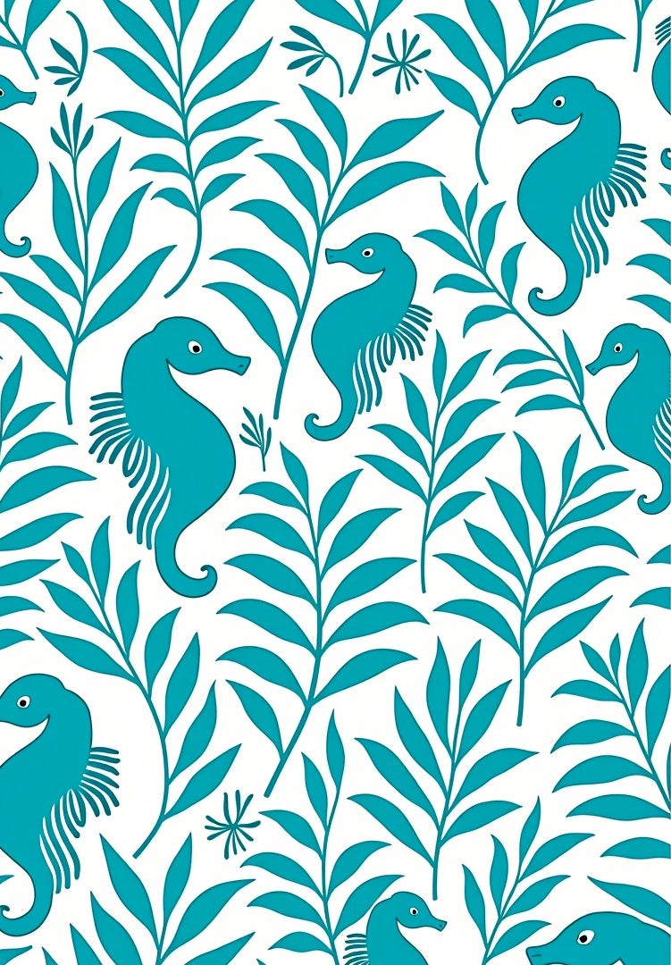 Turquoise Seahorse and Foliage Collage Rug