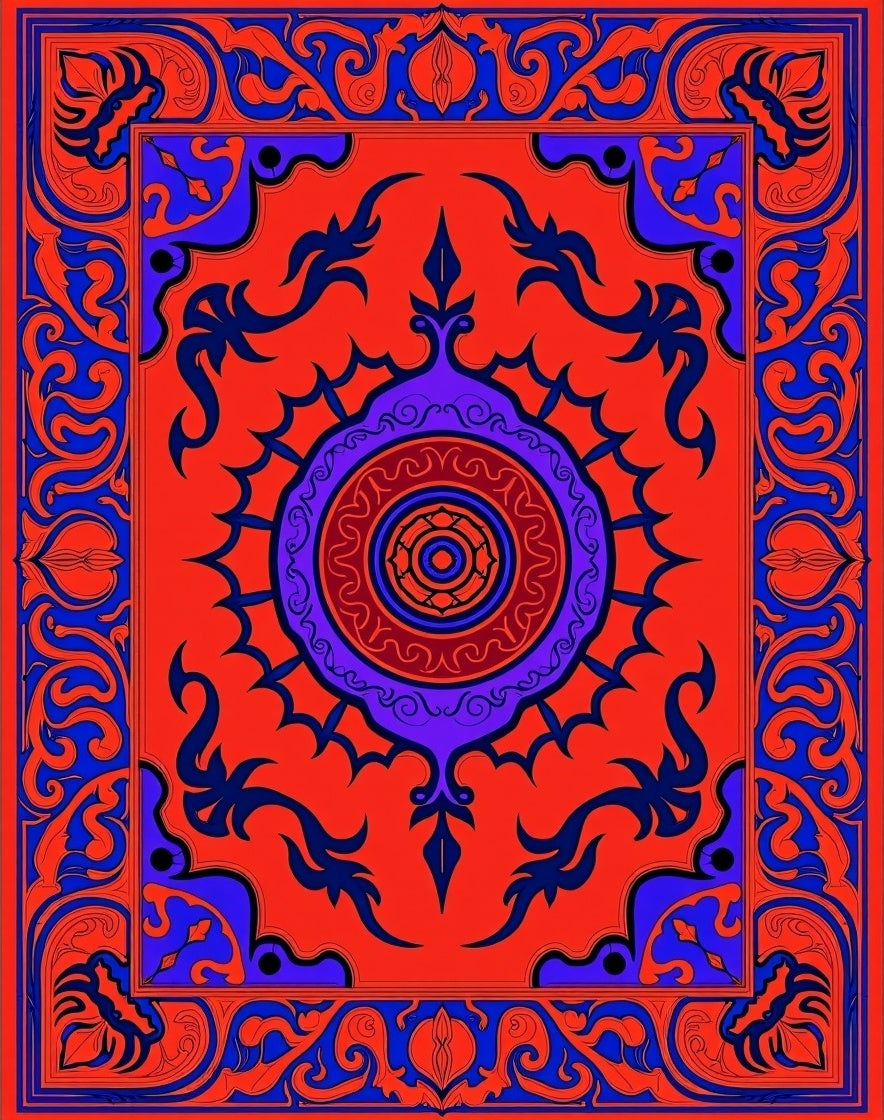 Vivid Red Blue Ornamented Medallion Rug